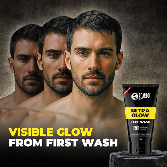 Beardo Ultraglow Face Wash for Men | Powered by 10% Complex of Niacinamide, Vitamin C & Kojic Acid | Brightens & Hydrates Skin | Reduces Pigmentation | Face Wash for Bright, Even Tone and Glowing Skin | Suitable for All Skin Types | 100g