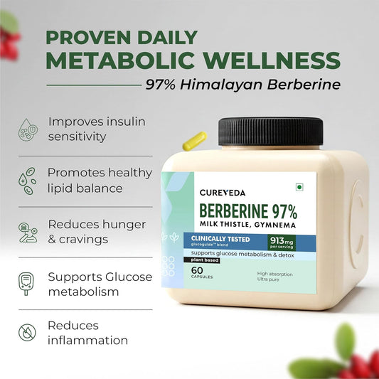 Cureveda Berberine 97% with Milk Thistle & Gymnema | Clinically Tested Gluco Guide Blend For Glucose Control | Supports Weight Management and Glucose Level - 913mg Per Serving - 60 Capsules