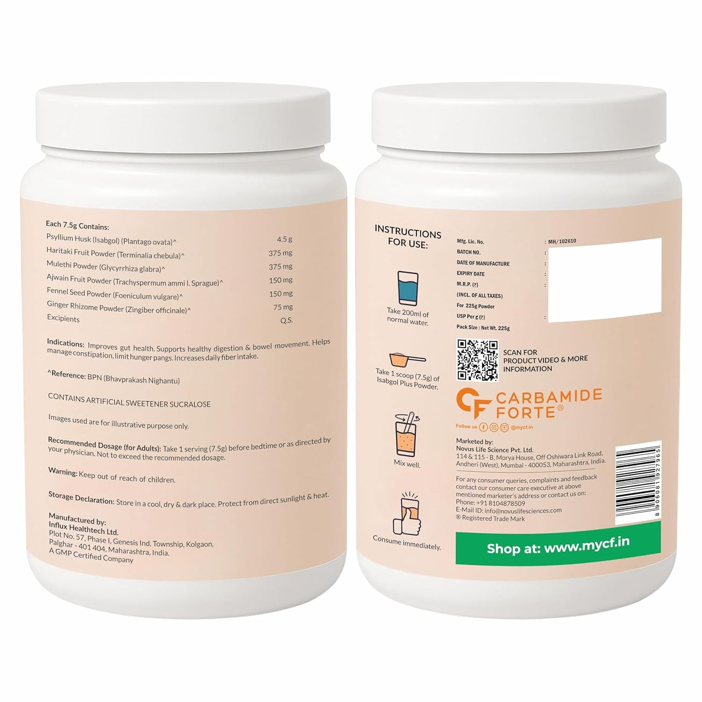 Carbamide Forte Isabgol Powder - 225gm | Psyllium Husk Powder With Haritaki, Ajwain & Fennel | Fiber supplement for Constipation Relief & Digestion | Orange Flavour
