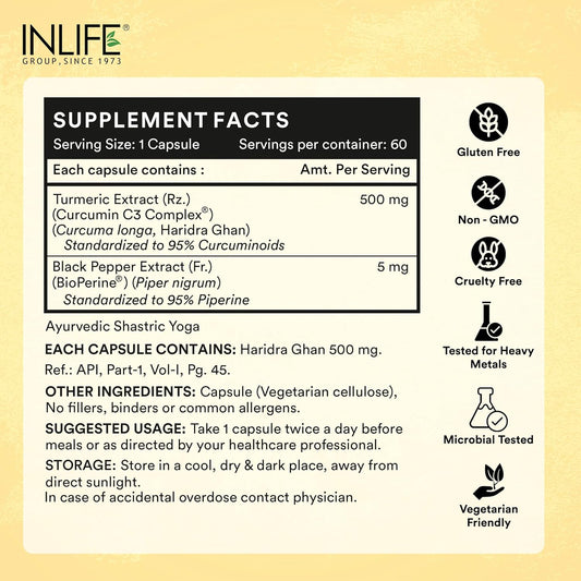 INLIFE Curcumin C3 Complex (95% Curcuminoids) 500 mg Turmeric with BioPerine (Piperine) Extract Supplement 5 mg - 60 Capsules (Pack of 1)