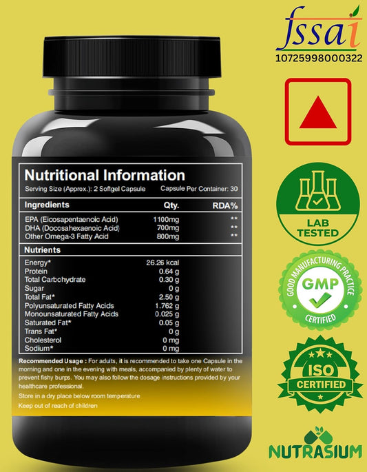 Nutrasium | Triple Strenght Omega-3 Fish Oil 2600 mg Per Serving | For Supports Heart, Brain, Eye, Joints, Skin, and Bone Health| 60 softgel Capsules.