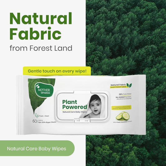 Mother Sparsh Natural Care Baby Wipes I 100% Plant Made Fabric From Forest Land, Fresh + Cleanse (with Cucumber) Plant Powered Wet Wipes For Baby I Cotton Cloth Like Bigger Sheets | 60 Pcs