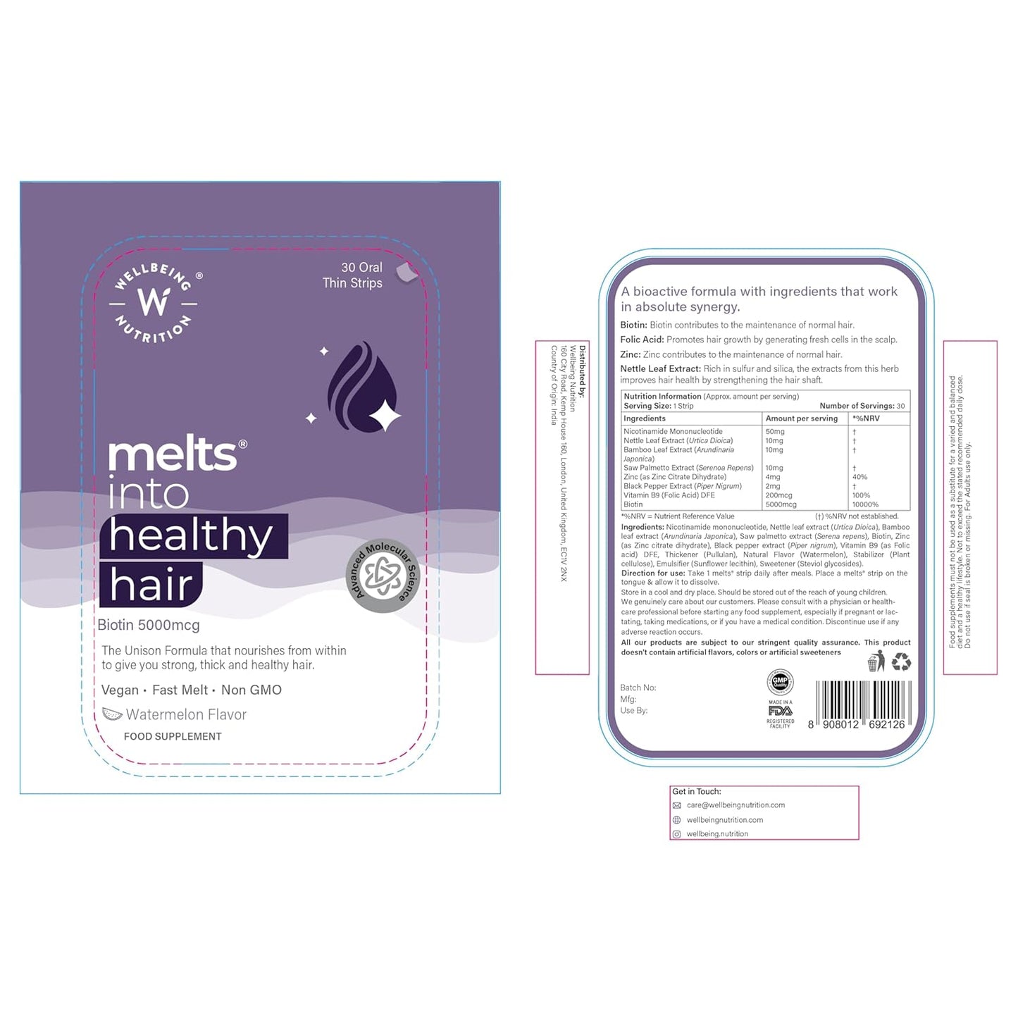 Wellbeing Nutrition Melts Healthy Hair | Plant Based Biotin for Hair Nourishment, Strength and Thickness with Zinc, Bamboo Extract, Folic acid (30 Oral Strips)