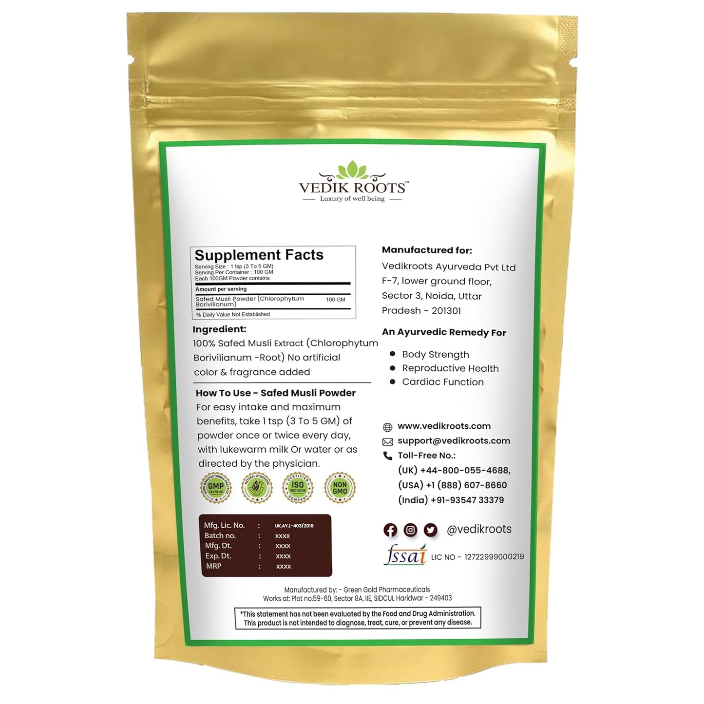 Safed Musli Root Powder | Natural | Herbal Supplement | Immunity Booster | Strength and Vitality- 100 Gram (Pack of 1)