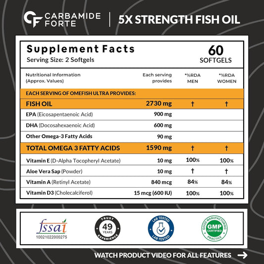 Carbamide Forte 5X Strength Omega 3 Fish Oil Capsules 2730mg | Omega 3 Supplement To Support Supports Overall Health & Skin | Fish Oil Omega3 Capsules With Added Aloevera, Vitamin D3, Vitamin E For Men & Women - 60 Softgels