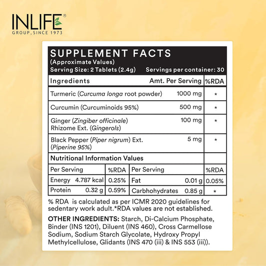 INLIFE Curcumin Tablets with Piperine | 95% Curcuminoids with Curcuma Longa Root Powder | Antioxidant & Anti-inflammatory | Turmeric & Ginger Extract, 1605mg - 60 Tablets (Pack of 1)