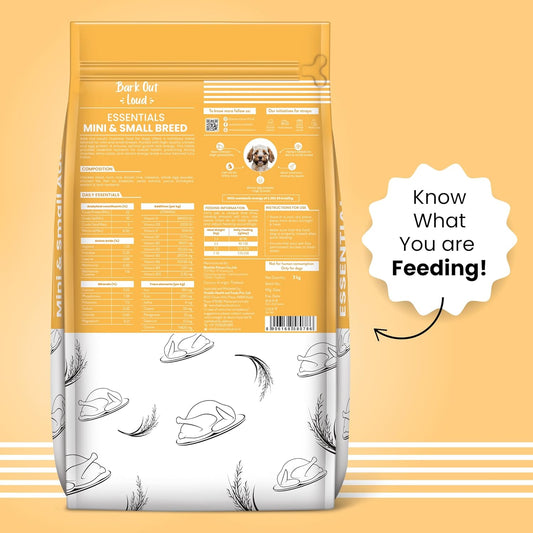 BARK OUT LOUD Essentials Small & Mini Breed Adult Dog Food Real Chicken & Egg | Gluten-Free, Prebiotics & Fish Oil for Immunity | Dry Dog Food for Shihtzu, Poodle - 1 Kg