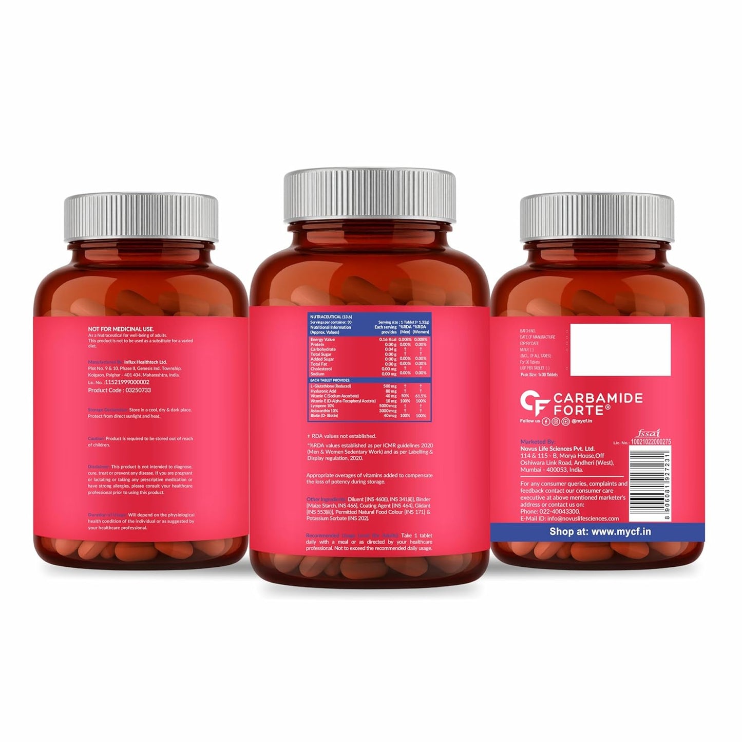 Carbamide Forte Japanese Reduced L Glutathione Tablets 500mg with Vitamin C | Glutathione Supplement with Hyaluronic Acid, Vitamin E, C, Lycopene & Biotin – 30 Veg Tablets