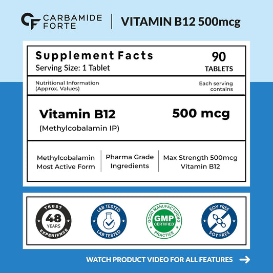 Carbamide Forte Vitamin B12 Supplements | B12 Vitamin Tablets - Methylcobalamin 500mcg | Best Vitamin B-12 Supplement For Men & Women - 90 Tablets