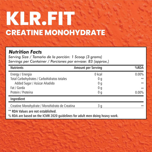 Klr.Fit's Creatine Monohydrate Powder 250g - Creatine Supplement for Muscle Growth, Increased Strength, Enhanced Energy Output and Improved Athletic Performance 83 Servings, Unflavored