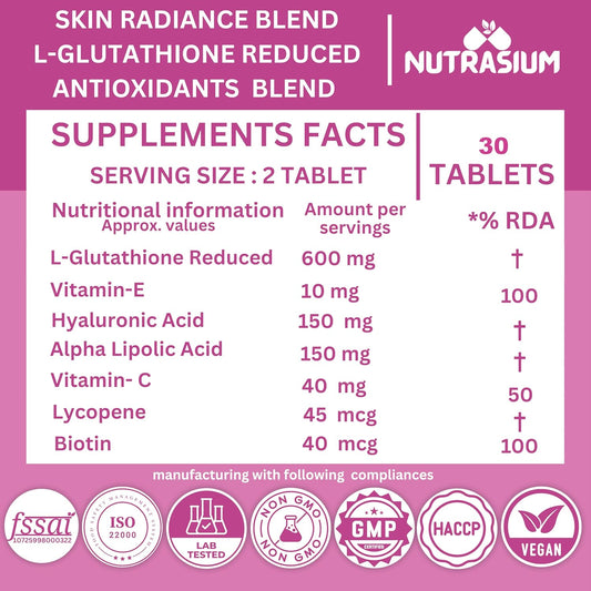 Nutrasium L-Glutathione 600 mg with Hyaluronic Acid & Biotin | For Skin Glow, Brightening, Hydration, & Skin Radiance, Reduce Dark Spot & Pigmentation | 30 Tablets