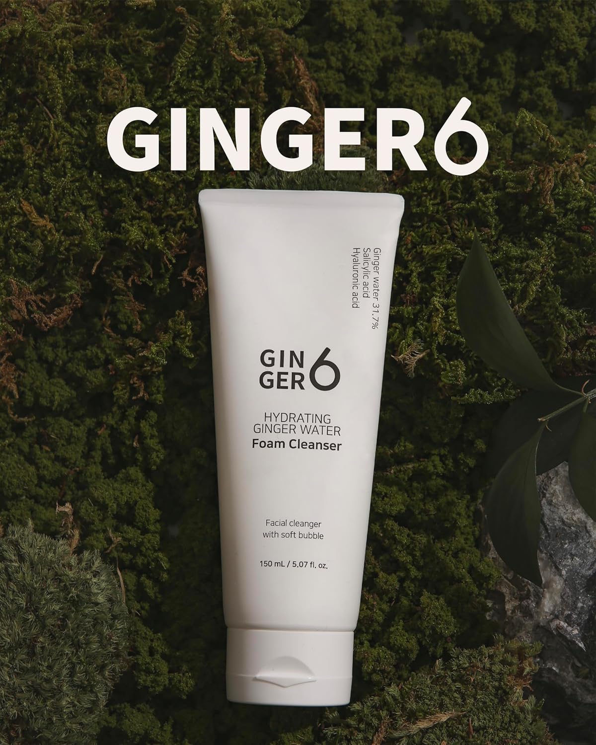 GINGER6 Hydrating Foam Cleanser 150ml | 31.7% Ginger Water| Salicylic Acid Face Wash for Acne Care| 5 Hyaluronic Acid Hydration| Deep Clean & Calming Korean Skincare | Non-Comedogenic & Hypoallergenic