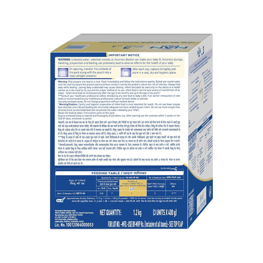 Nestlé NAN PRO 3 Follow-Up Formula-Powder After 12 months, Up to 18 months, Stage 3, 1.2 Kg, 3 x 400g Pouch in Box