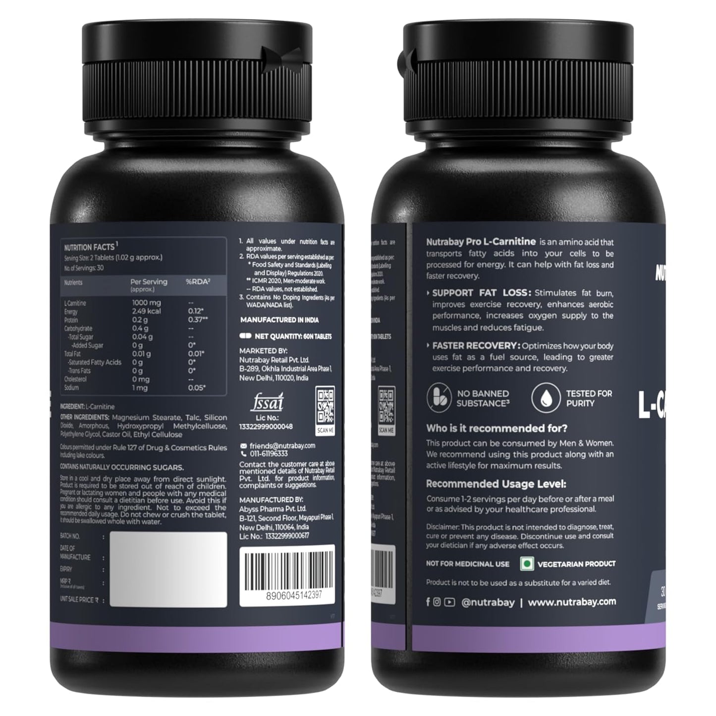 Nutrabay Pro L-Carnitine Fat Burner 1000mg per Capsule – Pre Workout Supplement – 60 Veg Tablets| Tested for Purity | 100% Authentic Metabolism Booster for Weight Loss Support