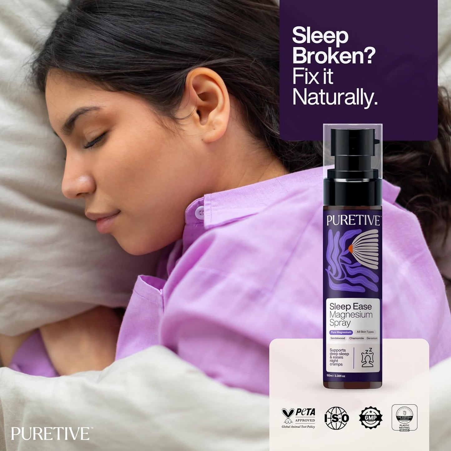 Puretive Sleep Ease Magnesium Oil –Natural Transdermal Topical Magnesium for Pain Relief & Fast Muscle Recovery & Deep Sleep Fast Absorbing | Calms Night-Time Restlessness | Promotes Relaxation & Better Sleep Quality | 100 ml