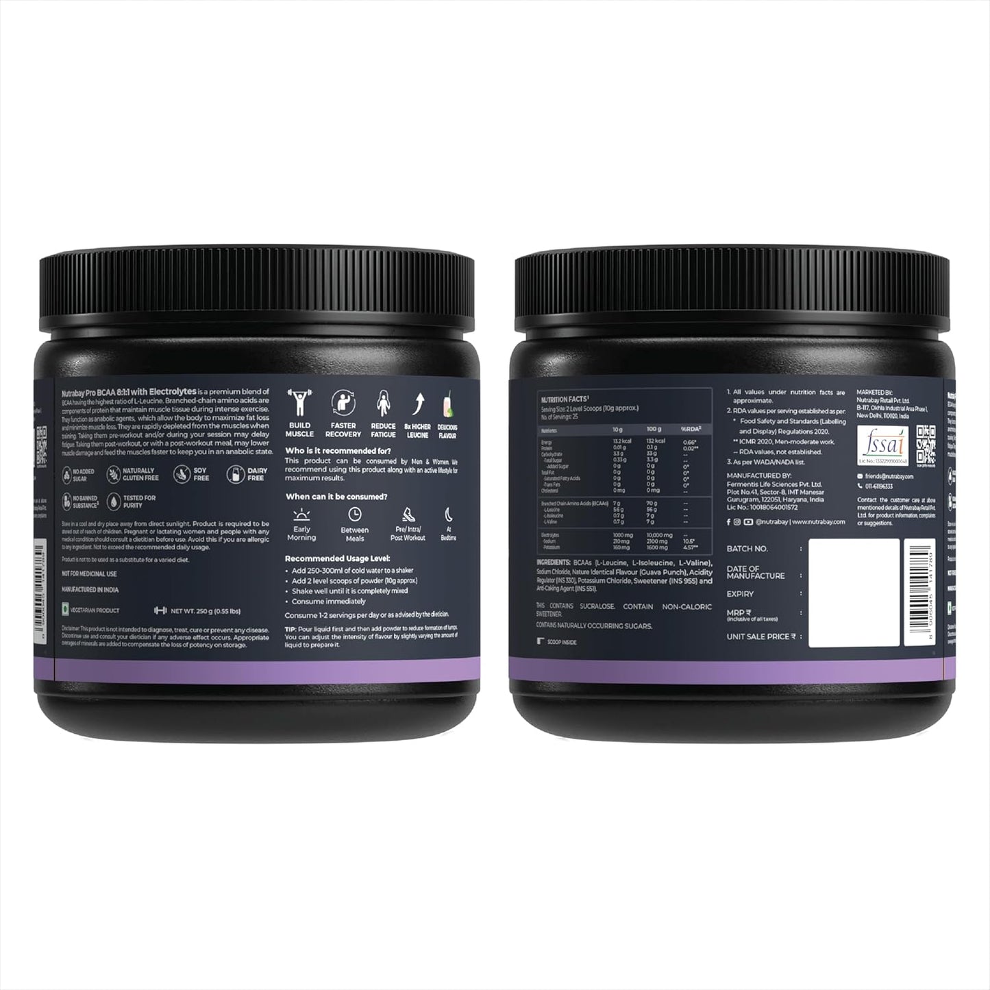 Nutrabay PRO BCAA 8:1:1 with Electrolytes 7000 mg Vegan BCAAs, 1000mg Electrolytes per Serving – Intra/Post Workout Energy Drink – Gluten & Dairy Free - 250g, Guava Punch
