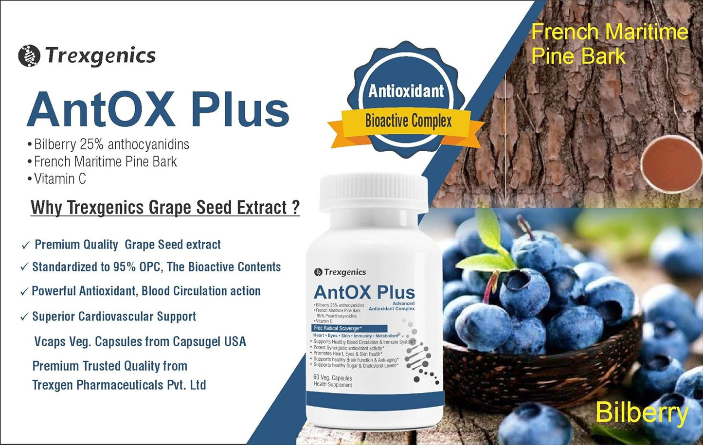 Trexgenics® ANTOX PLUS Bilberry 25% 200 mg, Pine bark 90% 200 mg & Vitamin C Advanced Antioxidant complex, Heart, Eyes, Skin, Immunity, Metabolism (60 Vcaps) (1)