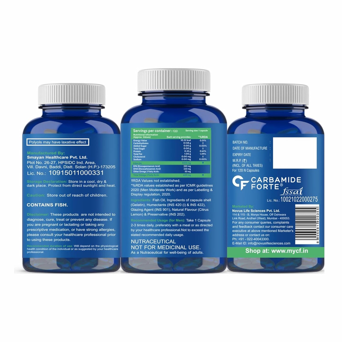 Carbamide Forte Double Strength Fish Oil 1000mg with Omega 3 600mg -120 Capsules, 250 grams