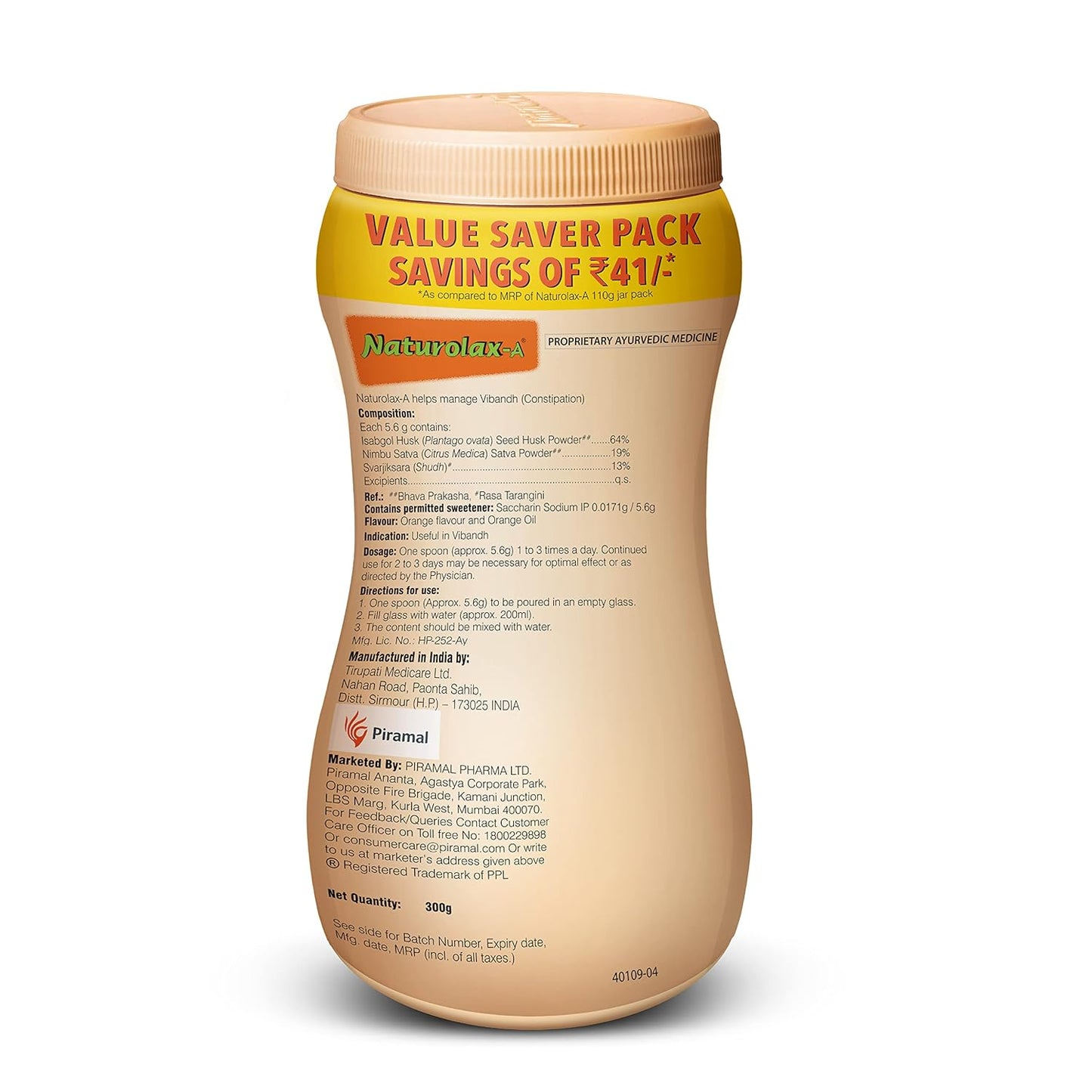 Naturolax-A Isabgol Powder |300g - Pack of 1| Psyllium Husk Powder | Non-Habit Forming Isabgol - Ayurvedic Formula| Fiber Supplements for Digestion| Effectively Relieves Constipation|Orange Flavoured
