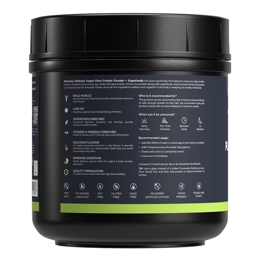 Nutrabay Wellness Vegan Plant Protein Powder + Superfoods 24g Protein per Serving – Complete Amino Acid, Pea & Brown Rice, Sugarfree – 500g, Rich Chocolate | 100% Authentic Clean Protein