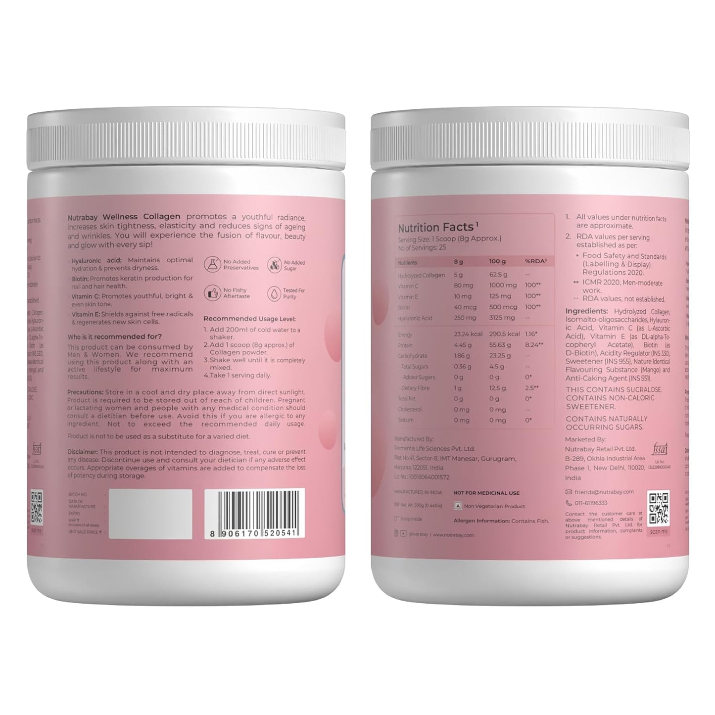 Nutrabay Korean Marine Glow Collagen Peptides with Hyaluronic Acid & Biotin – for Glowing Skin, Hair, Nails & Joints – 200g, Mango Flavor | Tested for Purity | No Fishy After Taste