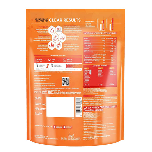 MuscleBlaze Biozyme Clear Whey Protein Isolate | 20g Protein, 92 Calories, Zero Added Sugar (Icy Orange Flavour, 20 Servings)