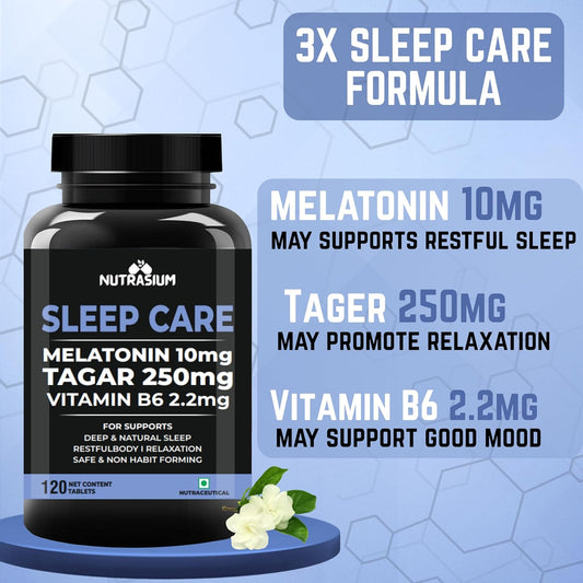 Nutrasium Melatonin 10 mg Sleeping Pill with Tagar 250 mg | Sleep Supplement for Men & Women | Melatonin Tablet for Restful & Deep Natural Sleeps | Sleep Care Tablets 120 (120 Tablets, Sleep Care)