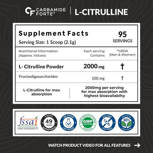 Carbamide Forte L Citrulline Powder 2000mg | pre workout Supplement for men & Women | L Citrulline Malate Powder | 2000mg 100 Unflavored Servings