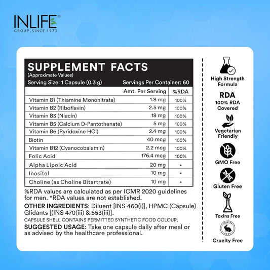 INLIFE B Complex Supplements B1, B2, B3, B5, B6, Biotin, with Vitamin B12, Folic Acid, Alpha Lipoic Acid, Inositol & Choline | For Energy & Metabolism | For Men Women - 60 Vegetarian Capsules