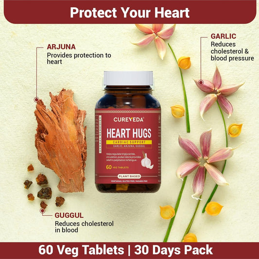 Curevedaâ„¢ Herbal Heart Hugs - For Healthy Heart Cardiac Wellness Cholesterol control - 60 Tablets