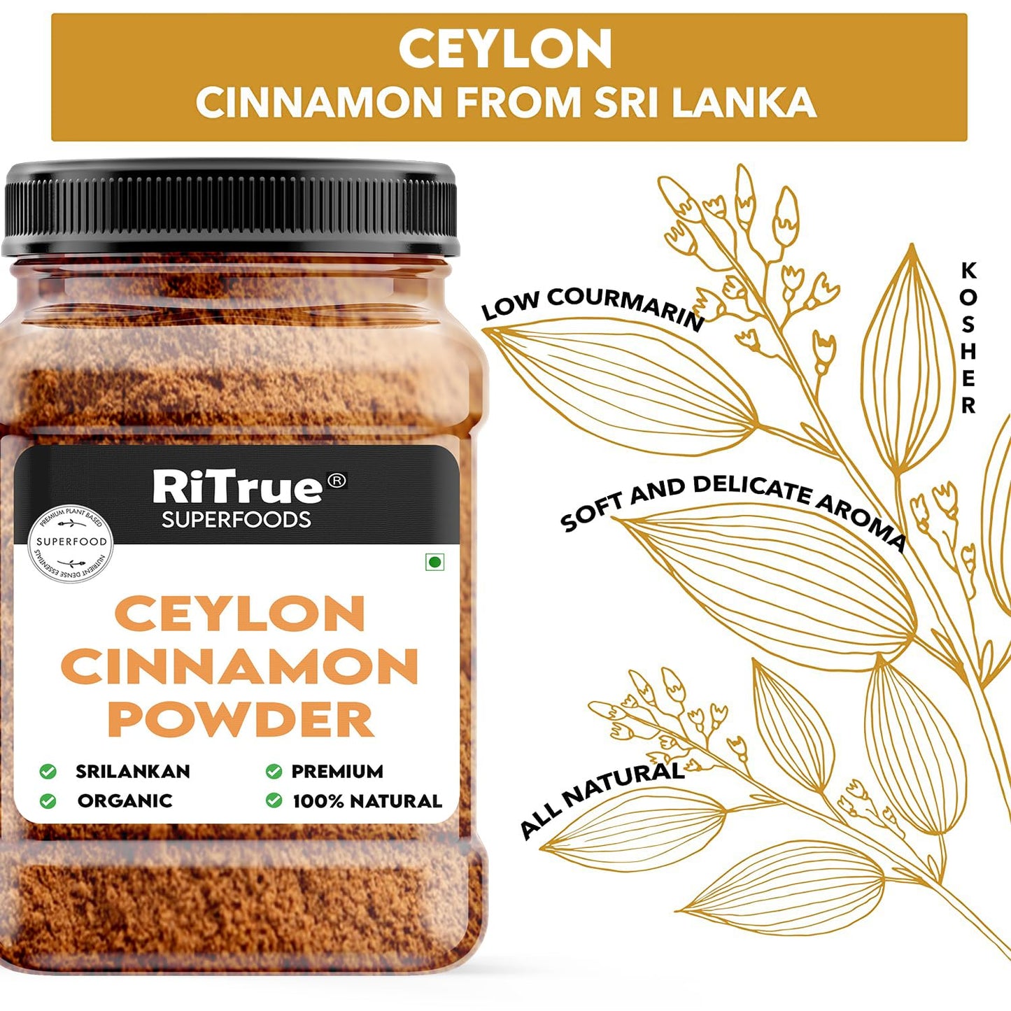 RiTrue - Ceylon Cinnamon Powder (SriLankan) - 400 Gm (2X200gm) - Organic Dalchini powder