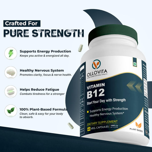 Vitamin B12 Supplement – 1000mcg Plant-Based Veg Capsules for Energy, Metabolism & Nerve Support | Boosts Vitality & Wellness | Supports Red Blood Cells | 60 Capsules