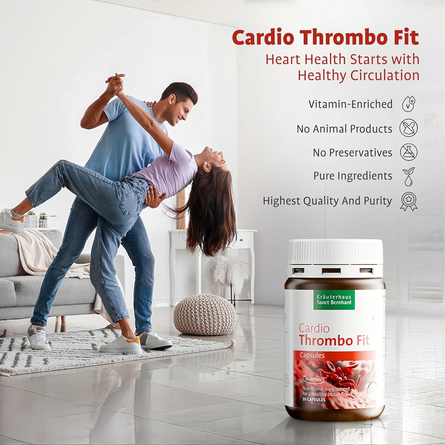 Kräuterhaus Sanct Bernhard Cardio Thrombo Fit Capsules | Heart & Blood Flow Support | Natural Formula for Healthy Cholesterol & BP | With Vitamin K2, Magnesium & Antioxidants | Vegan | 30 Capsules