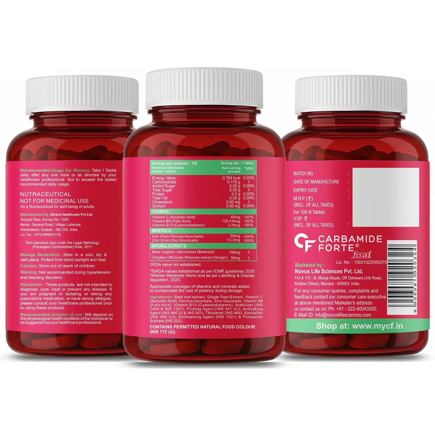 Carbamide Forte Iron Supplement for Women & Men | Folic Acid Tablets with Vitamin C, B12, Zinc | 100 Veg Iron Tablets for Women & Men