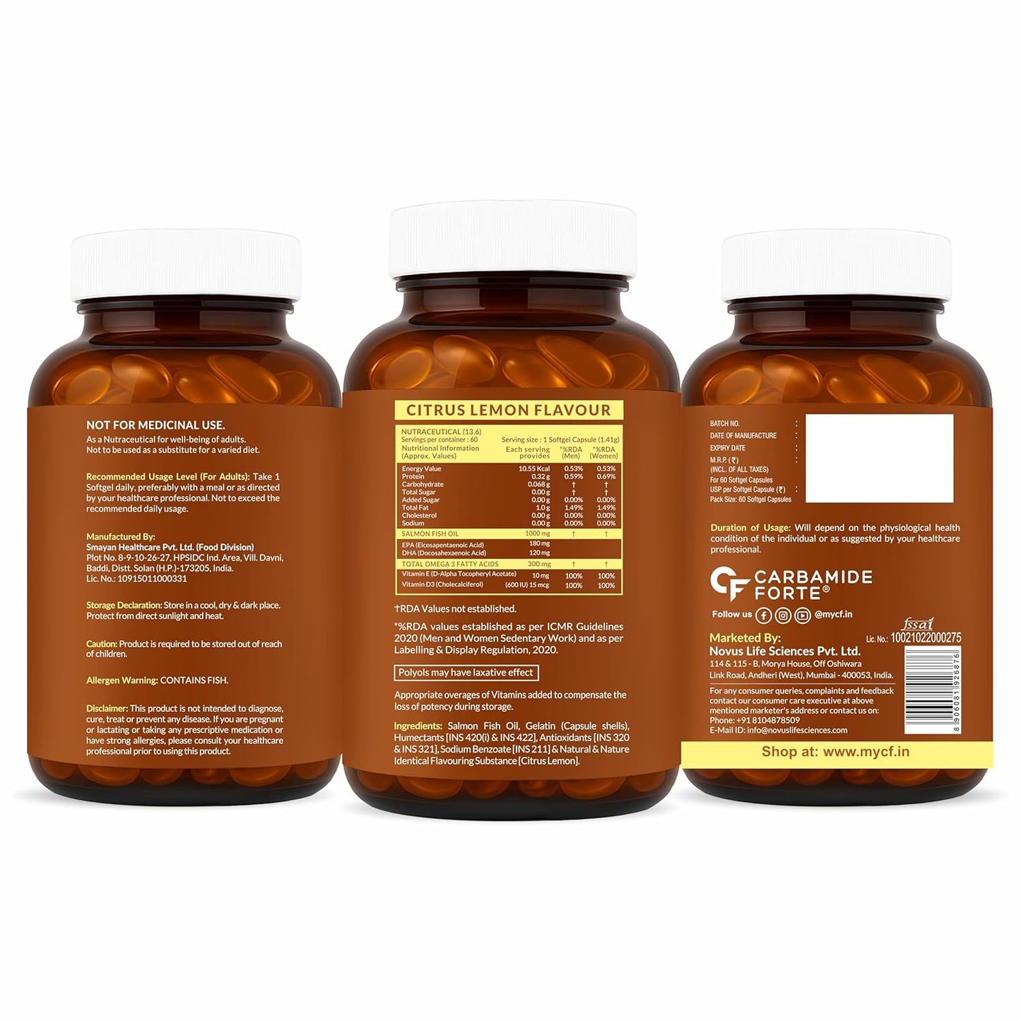 Carbamide Forte Salmon Omega 3 Fish Oil Capsules | Salmon Fish Oil Omega 3 Capsule 1000mg For Men & Women | Omega3 Fishoil Supplement For For Heart, Joints, Bones & Skin - 60 Softgels