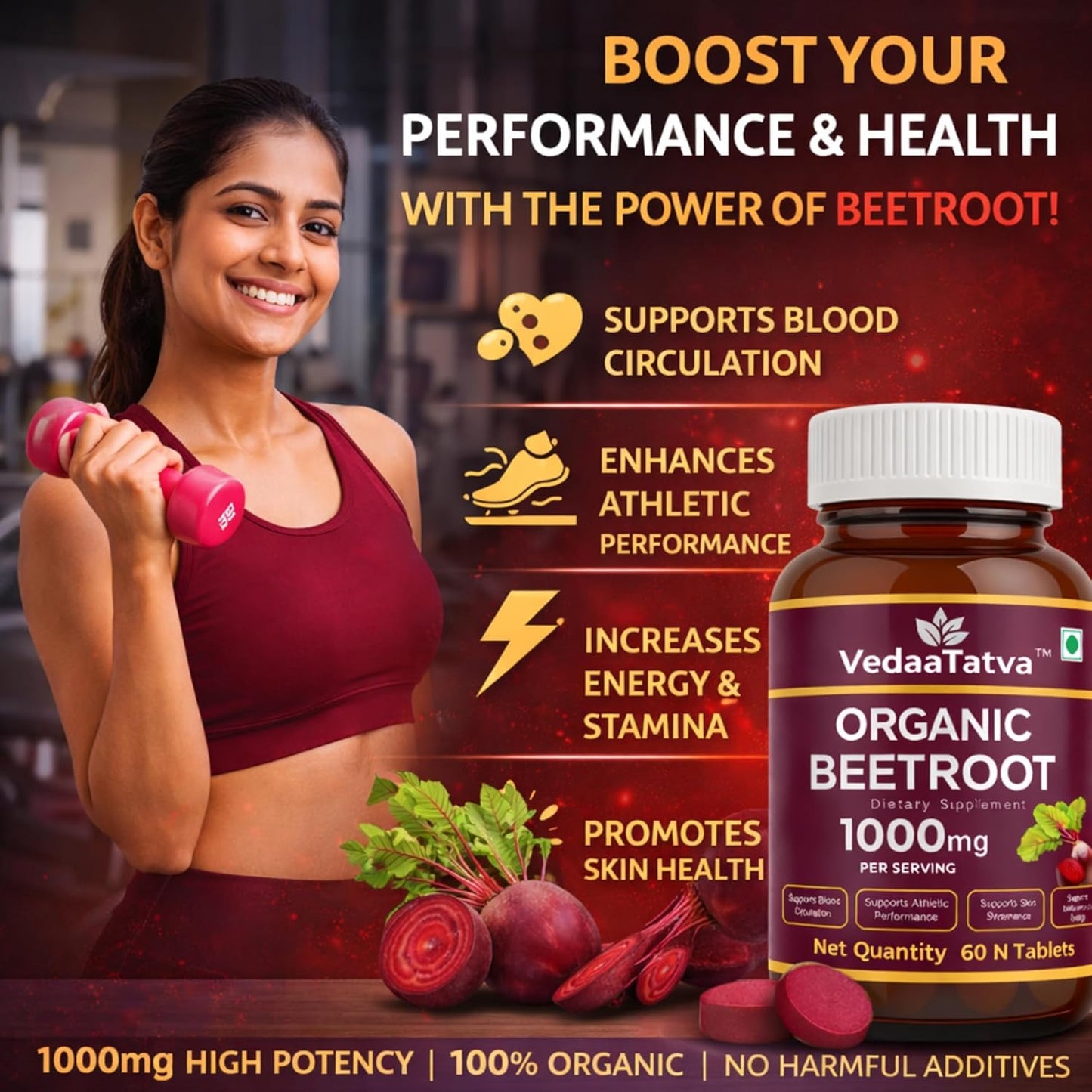VedaaTatva Beetroot Tablets 60 Tablets 1000mg | Beetroot Tablet from Beta Vulgaris (Table Beet, Garden Beet, Red Beet) | Beetroot Powder Extract Supplement | Supports Blood Flow, Circulation & Hemoglobin | Natural Nitric Oxide Booster | Vegan