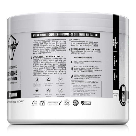 avvatar Micronized Creatine Monohydrate Powder (100 G,33 Servings)|Unflavoured|Muscle Recovery|Enhance Strength|Boost Recovery,1 Count