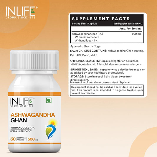 INLIFE Ashwagandha Extract (Withania Somnifera) with > 7% withanolides| Ayurvedic Supplement | Immunity and General Wellness, 500mg - 60 Vegetarian Capsules (Pack of 1, 60)