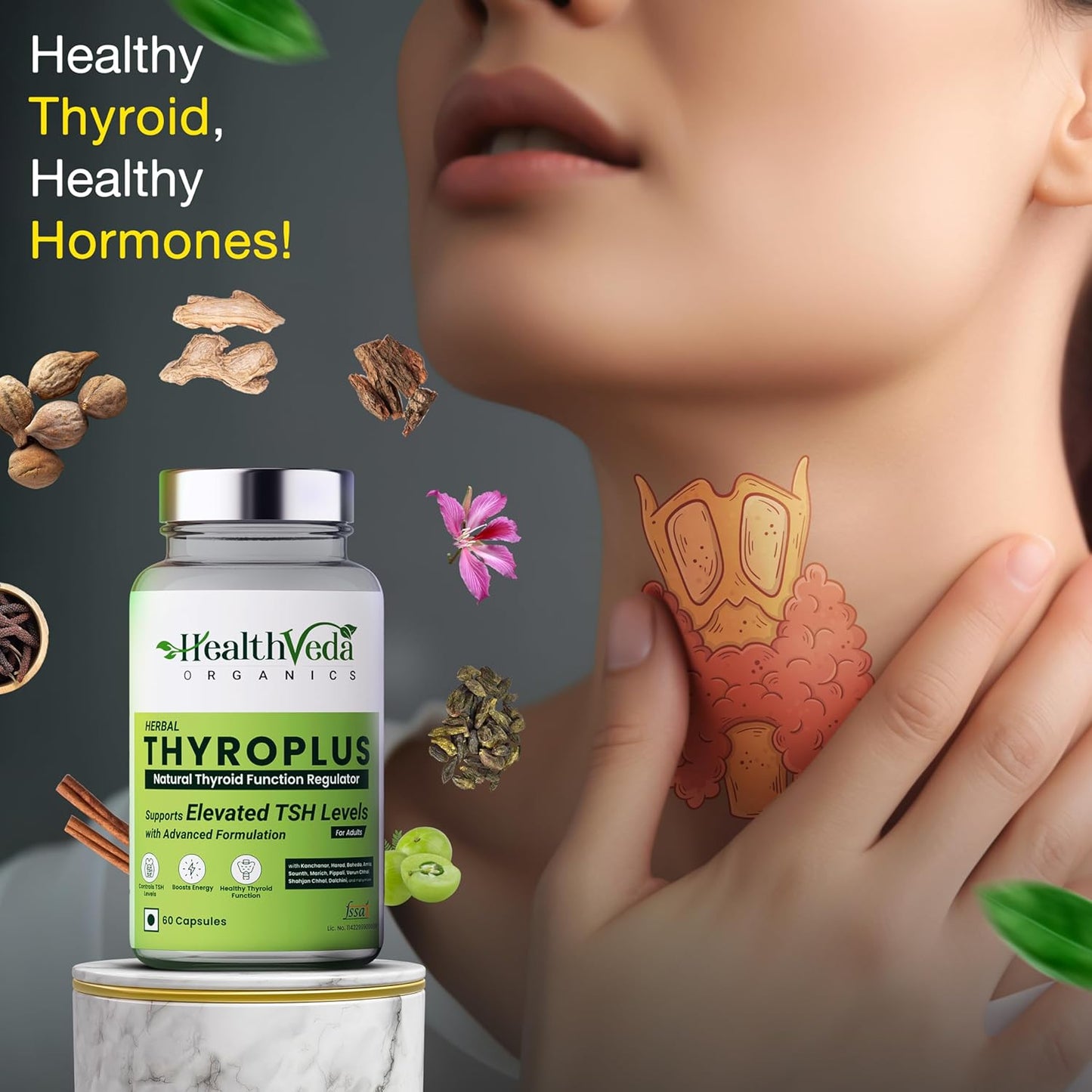 Health Veda Organics Thyroplus Supplement - Rapid Action Formula – Kanchanar - Harad - Baheda - Amla-Sounth - Supports Thyroid Health –Healthy Cellular Metabolism - 60 Capsules