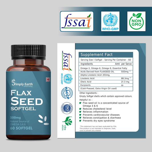 Simply earth Cold Pressed Flax seeds oil Omega with extra Virgin oil, Linolenic Acid, Oleric Acid | Natural Form of omega 369-60 Softgels…