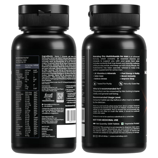 Nutrabay Pro Active Multivitamin for Men with Zinc, Magnesium, Vitamin B,C,A,E – Enhances Energy, Immunity & Better Sleep– 120 Veg Capsules | 100% RDA for Viamins & Minerals | Purity Tested Supplement