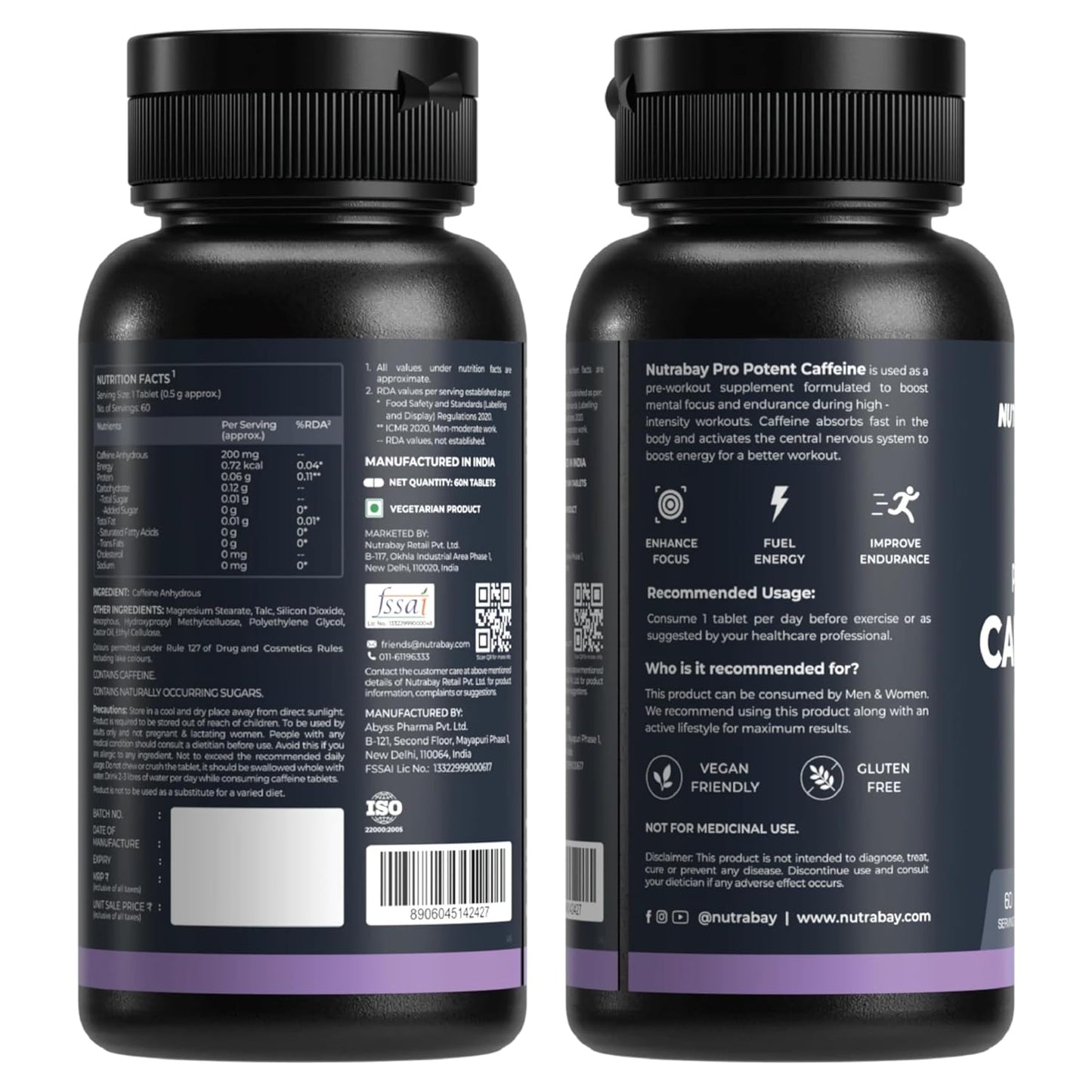 Nutrabay Pro Potent Caffeine Tablets 200mg | Natural Stimulant for Energy, Endurance & Focus, 60 Veg Tablets