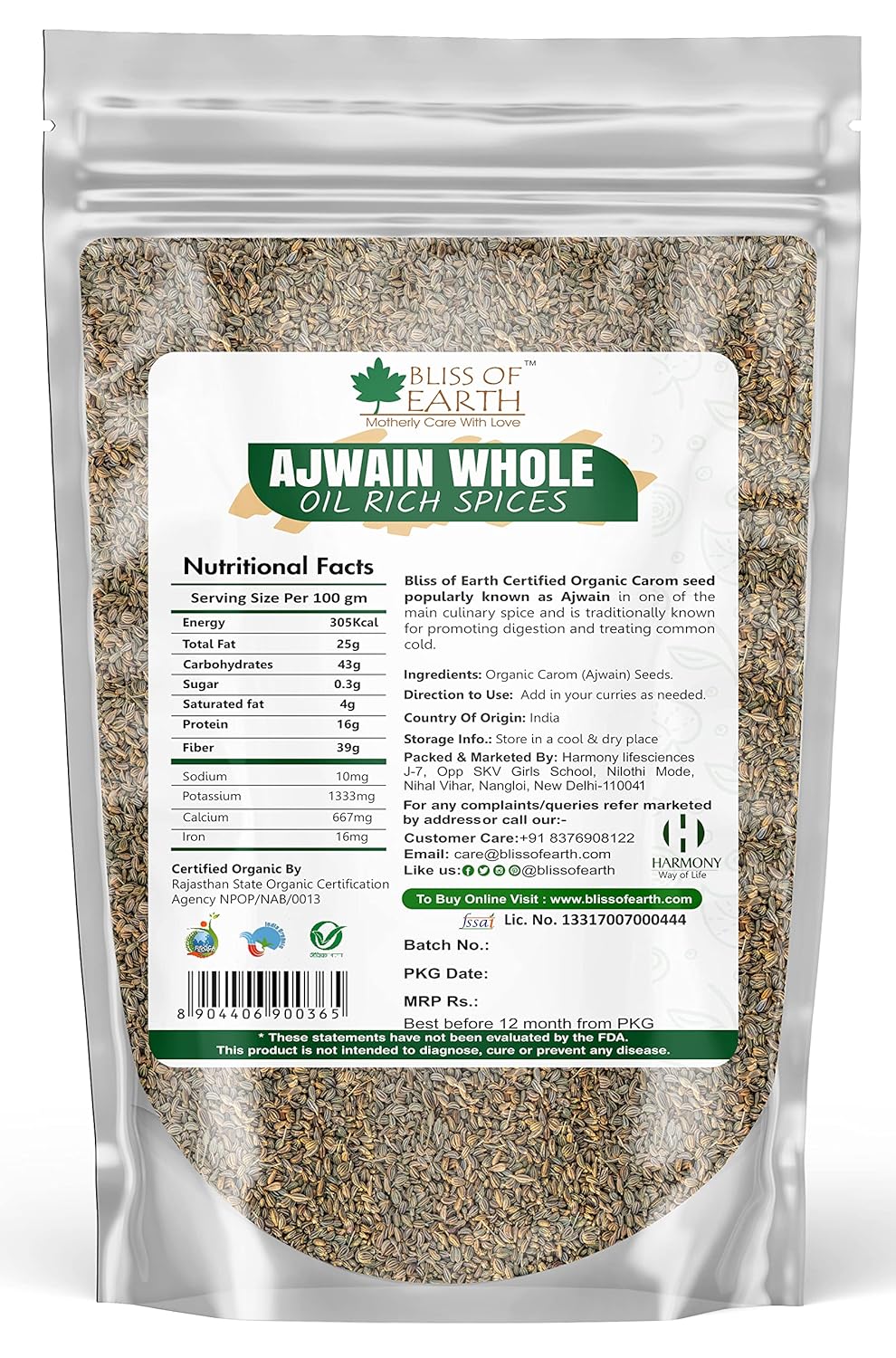 Bliss of Earth Certified Organic Ajwain/Carom Seeds Indian Spices & Masala For Better Hair, Skin,Health & Cooking (1kg)