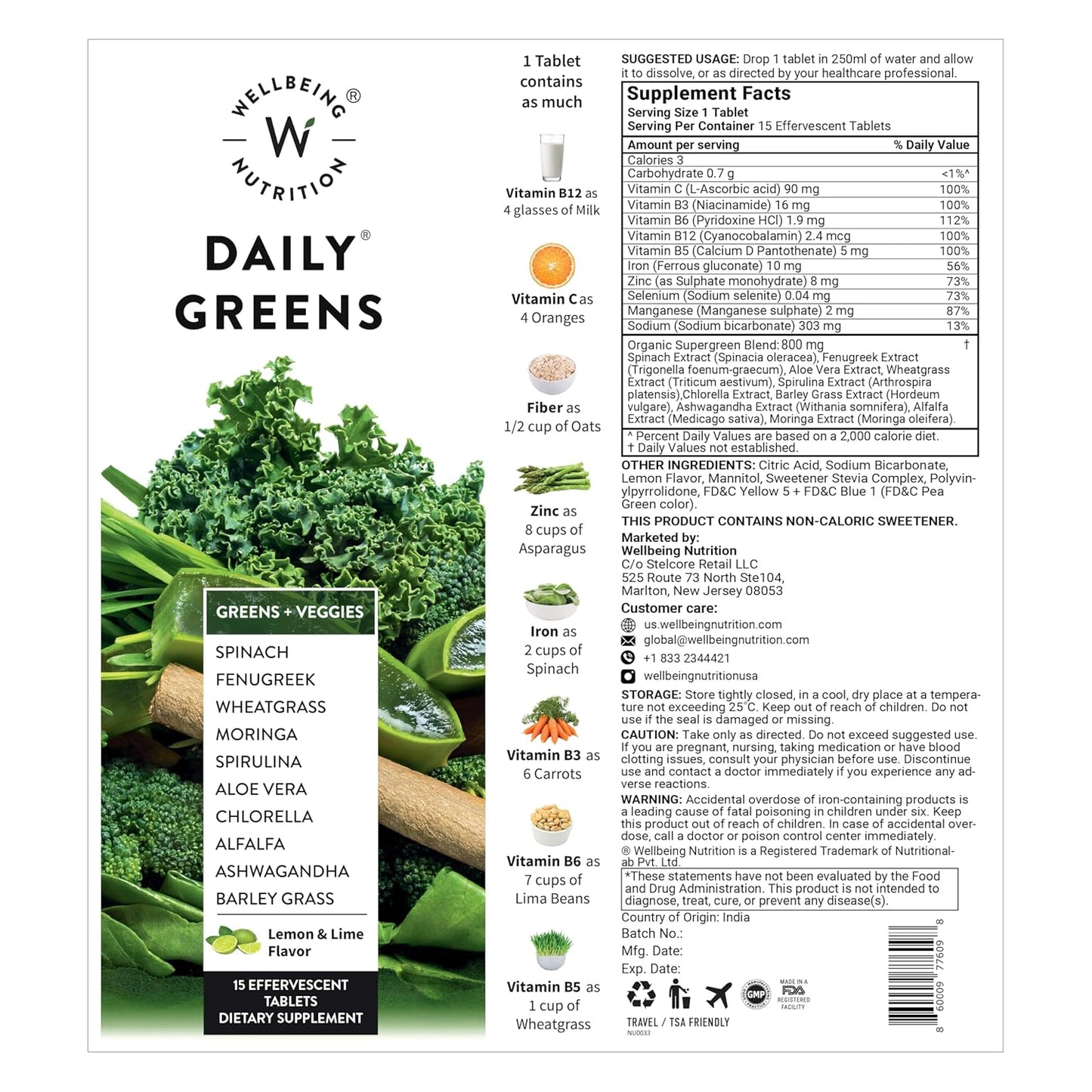 Wellbeing Nutrition Daily Greens (15 Effervescent Tablets) | Wholefood Multivitamins with Vitamin C, Zinc, B6 for Immunity & Detox with Organic Certified Plant Superfoods & Antioxidants