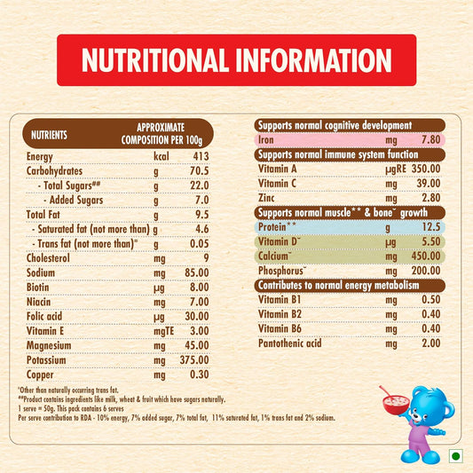 CEREGROW Multigrain Milk & Fruits Cereal | With Iron, Protein, Calcium | 19 Nutrients | 300g, Bag-in-box Pack