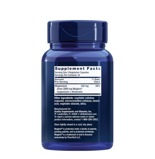 Life Extension Neuro-Mag Magnesium L-Threonate, Memory Health, Quick Thinking, Cognitive Health Support, Vegetarian, Non-GMO, 90 Vegetarian Capsules (144 mg from 2000 mg Magtein magnesium L-threonate