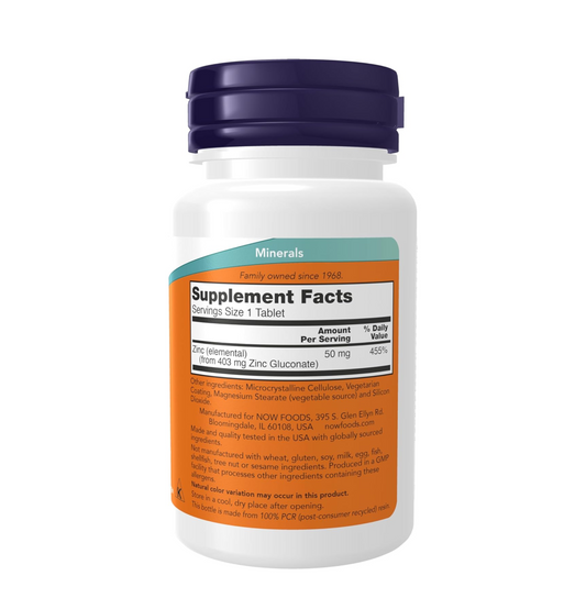 NOW Foods Supplements, Zinc (Zinc Gluconate) 50 mg, Supports Enzyme Functions*, Immune Support*, 100 Tablets