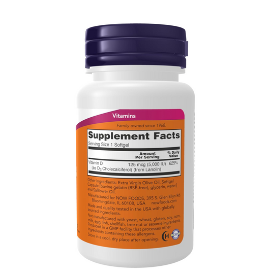 NOW Foods Supplements, Vitamin D-3 5,000 IU, High Potency, Structural Support*, 120 Softgels
