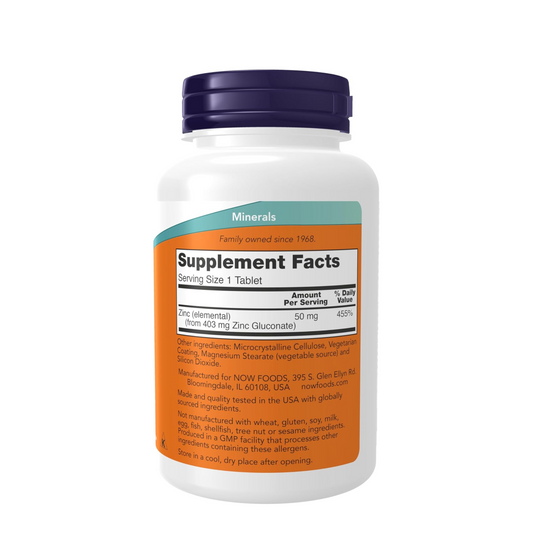 NOW Foods Supplements, Zinc (Zinc Gluconate) 50 mg, Supports Enzyme Functions*, Immune Support*, 250 Tablets