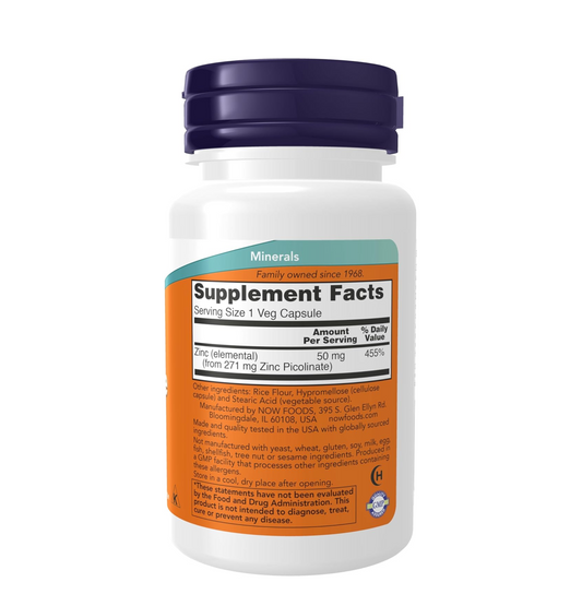 Now Foods Supplements, Zinc Picolinate 50 mg, Supports Enzyme Functions*, Immune Support*, 30 Veg Capsules